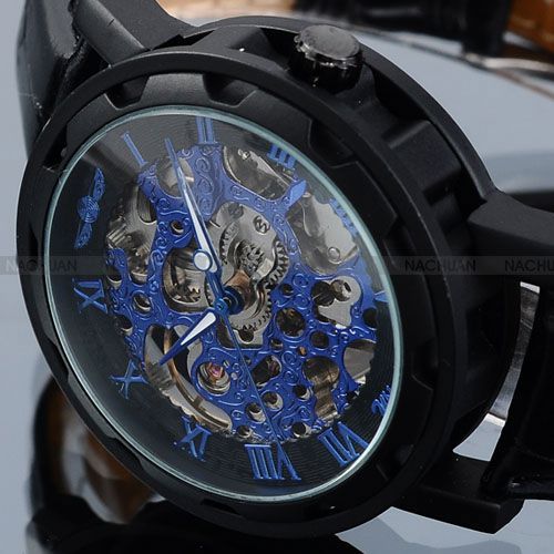 Winnaar Blauw Dial Nieuwe Serie Transparante Skeleton Horloge Zwarte Lederen Band Luxe Ontwerp Lederen Mannen Casual Horloge Orologio Uomo