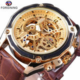 Forsining Transparante Luxe Gear Steampunk Bruin Lederen Riem Gouden Beweging Binnenkant Self Winding Automatische Polshorloge