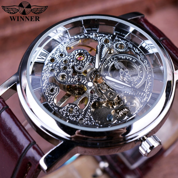 Winnaar Royal Carving Skeleton Bruin Lederen Band Silver Case Transparante Case Mannen Horloge Topmerk Luxe Mechanische Horloge Klok