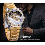 Winnaar Gouden Horloges Classic Rhinestone Klok Romeinse Analoge Mannelijke Skelet Klokken Automatische Mechanische Roestvrij Stalen Band Horloge