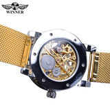 Winnaar Gouden Horloges Mannen Skelet Mechanische Horloge Crystal Mesh Slim Rvs Band Top Merk Luxe Hand Wind Horloge