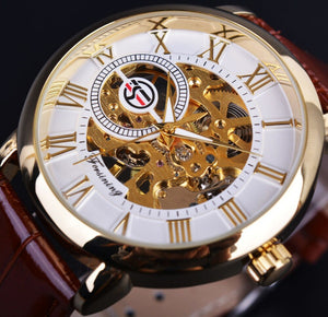 Forsining 3d Logo Ontwerp Holle Graveren Wit Golden Dial Gold Horloge Mannen Luxe Merk Mannen Polshorloge Skelet Mechanische Horloge