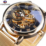 Forsining Mode Mannen Mechanische Horloge Skeleton Slim Romeinse Wijzerplaat Mesh Roestvrij Stalen Band Horloge Bedrijf Mannelijke Horloges Gift