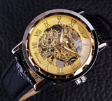 Skeleton Rvs Golden Case Mannelijke Klok Luxe Montre Homme Lederen Band Polshorloge Relogio Mannelijke Mannen Mechanische Horloge