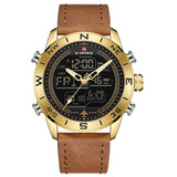 NAVIFORCE 9144 Mannen Mode Gold Sport Horloges Mens LED Digitale Quartz Horloge Militaire Lederen Analoge Klok Relogio Masculino