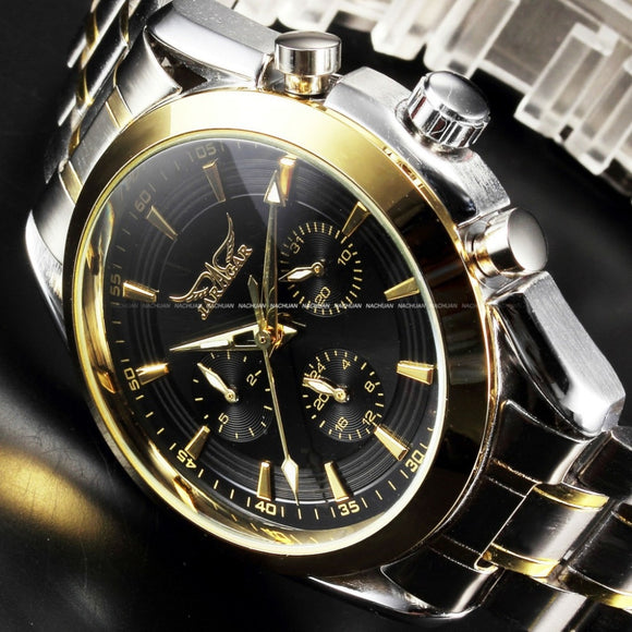 Jaragar Nieuwe Black Golden Case Rvs Multifunctionele Dag Datum 24 Uur Display Horloges Mannen Luxe Merk Automatische Horloge