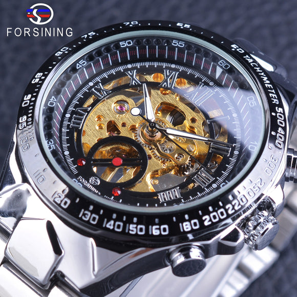 Forsining Opengewerkte Polshorloge Gouden Racing Sport Waterdichte Horloges heren Mechanische Hand Wind Horloge Zilver Rvs