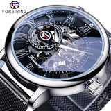 Forsining Mode Mannen Mechanische Horloge Skeleton Slim Romeinse Wijzerplaat Mesh Roestvrij Stalen Band Horloge Bedrijf Mannelijke Horloges Gift