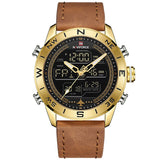 NAVIFORCE 9144 Mannen Mode Gold Sport Horloges Mens LED Digitale Quartz Horloge Militaire Lederen Analoge Klok Relogio Masculino