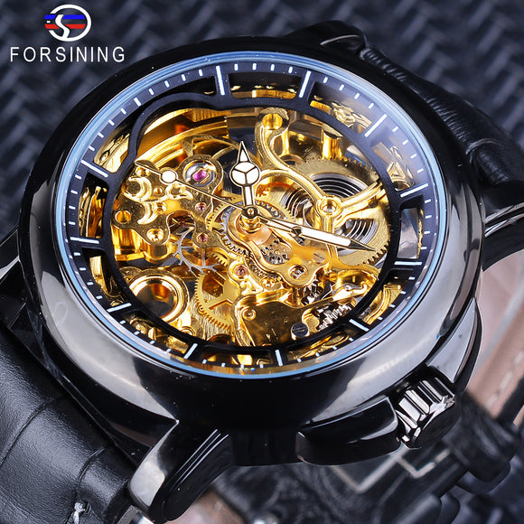 Forsining 2018 Koninklijke Bloem Carving Gear Golden Opengewerkte Zwart Lederen Heren Mechanische Horloge Top Merk Luxe Mannelijke Klok