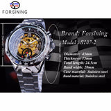 Forsining Opengewerkte Polshorloge Gouden Racing Sport Waterdichte Horloges heren Mechanische Hand Wind Horloge Zilver Rvs