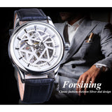 Forsining Luxe Brand Fashion Mechanische Horloges Lederen Band Heren Wit Hand Winding Skeleton Silver Case Klok Reloj Hombre