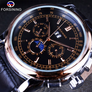 Forsining Maanfase Shanghai Beweging Rose Gold Case Bruin Lederen Band Heren Horloges Topmerk Luxe Auotmatic Horloge