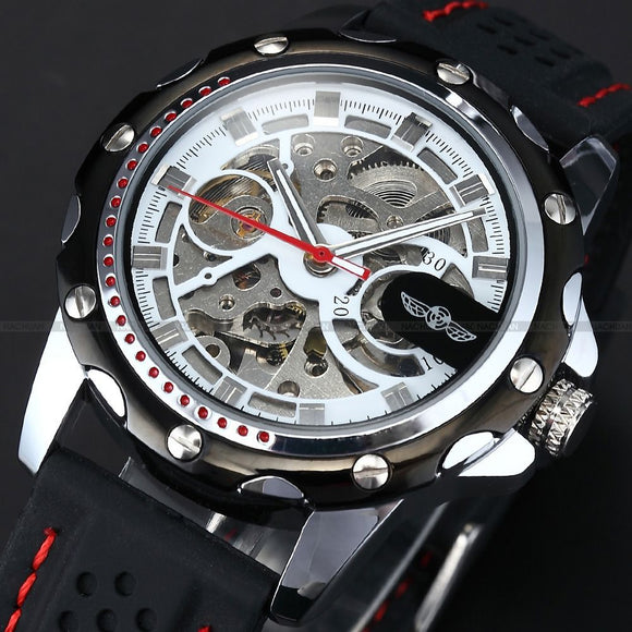 Silver Case Analoge Skelet Automatische Horloge Mannen Mechanische Zwarte Siliconen Band Outdoor Fun Sport Analoge Running Zelf Wind Horloge