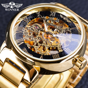 Winnaar Horloge Retro Romeinse Gold Skeleton Mechanische Horloge voor Mannen Lichtgevende Handen Relogio Winnaar Rvs Transparante Horloge