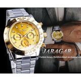 Jaragar Golden Automatische Mannen Polshorloge 3 Sub Dial Ontwerp Kalender Grote Horloges Stalen Band Mechanische Luxe Klok Gift