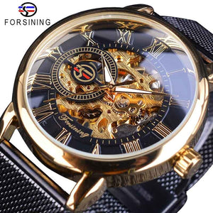 Forsining Mode Mannen Mechanische Horloge Skeleton Slim Romeinse Wijzerplaat Mesh Roestvrij Stalen Band Horloge Bedrijf Mannelijke Horloges Gift