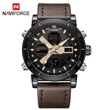 NAVIFORCE Mannen Dual Display Quartz Horloge mannen Goud Lederen Militaire Sport Klok Mannelijke LED Analoge Digitale Horloge Relogio Masculino