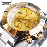 Jaragar Golden Automatische Mannen Polshorloge 3 Sub Dial Ontwerp Kalender Grote Horloges Stalen Band Mechanische Luxe Klok Gift