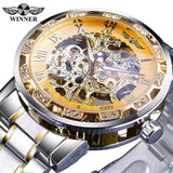 Winnaar Gouden Horloges Classic Rhinestone Klok Romeinse Analoge Mannelijke Skelet Klokken Automatische Mechanische Roestvrij Stalen Band Horloge