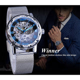 Winnaar Classic Blauwe Mechanische Herenhorloge Strass Romeinse Hand Wind Metalen Slanke Mesh Stalen Band Hoge Kwaliteit Relogio Masculino