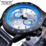 Jaragar Sport Racing Ontwerp Zwart Lederen Blauw 3 Wijzerplaat Leger Mechanische Mens Automatische Horloge Topmerk Luxe Klok