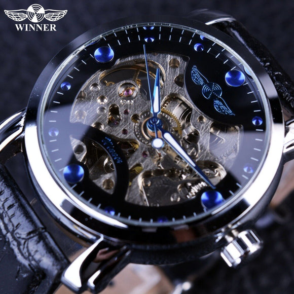 Winnaar Black Blue Dial Heren Horloges Top Brand Luxe Skeleton Mechanische Automatische Horloge Classic Designer Horloges Mannen Horloge