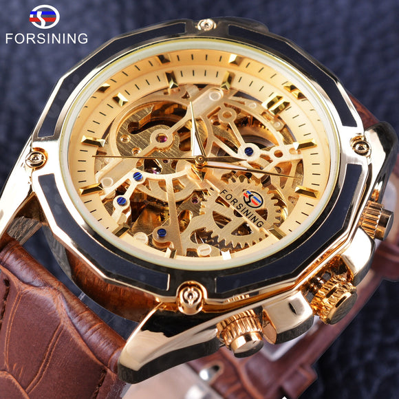 Forsining Transparante Luxe Gear Steampunk Bruin Lederen Riem Gouden Beweging Binnenkant Self Winding Automatische Polshorloge