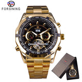 Forsining mannen Mechanische Horloge Top Merk Luxe Gouden Armband Horloge Kalender Display Zwarte Wijzerplaat Tourbillion Ontwerp