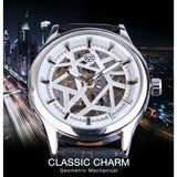 Forsining Luxe Brand Fashion Mechanische Horloges Lederen Band Heren Wit Hand Winding Skeleton Silver Case Klok Reloj Hombre