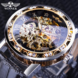 Winnaar Black Golden Retro Lichtgevende Handen Mode Diamant Display Mens Mechanisch Skeleton Horloges Topmerk Luxe Klok