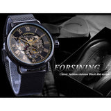 Forsining 2019 Gouden Romeinse Nummer Fashion Black Mesh Riem Skelet Klok Mannelijke Mechanische Horloges voor Mannen Top Merk Luxe