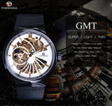 Forsining wit golden dial ultra dunne case mechanische punk zwarte stalen haak gesp mode mannen skelet horloge topmerk luxe