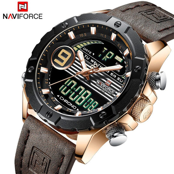 NAVIFORCE Luxe Merk mannen Lederen Waterdichte Quartz Horloge Mannen Militaire Sport Datum LED Horloges Mannelijke Klok Relogio Masculino