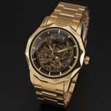 Winnaar Royal Carving Twaalfhoek Ontwerp Gouden Horloge Mannen Roestvrij Staal Black Skeleton Mens Luxe Horloge Top Merk Automatische Horloge