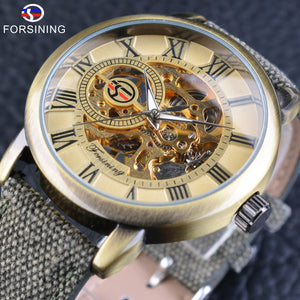 Forsining Topmerk Luxe Mechanische Skelet Horloge Retro Brons Ontwerp Romeinse Groen Nylon Band mannen Militaire Pols Horloges