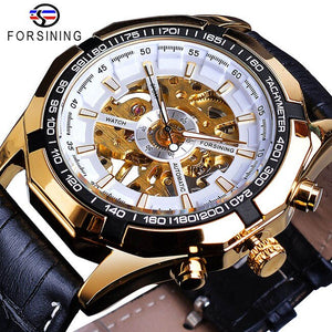 Forsining Golden Black Skeleton Klok Twee Knop Decoratie Mechanische Horloges voor Mannen Zwart Lederen Lichtgevende Handen