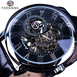 Forsining 3d Logo Ontwerp Holle Graveren Black Gold Case Leather Skeleton Mechanische Horloges Mannen Luxe Merk Heren Horloge