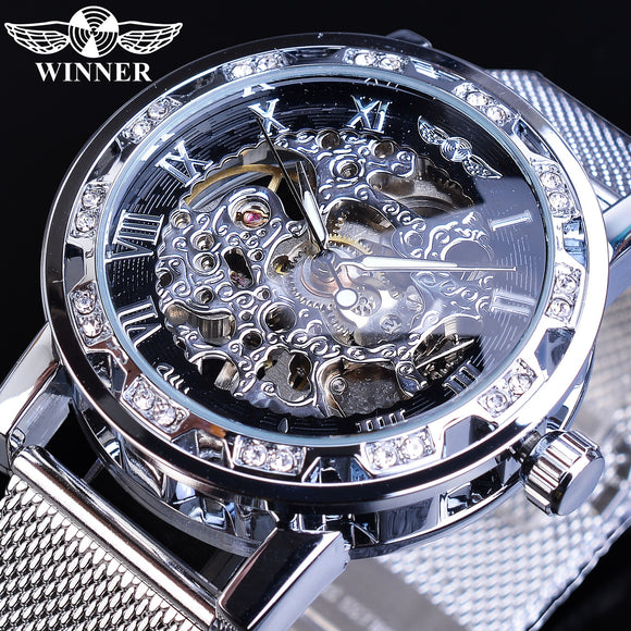 Winnaar Mens Zakelijke Horloges Zilver Rhinestone Crystal Romeinse Stalen Mesh Slim Strap Klok Mechanische Kant Wind Relogio Masculino