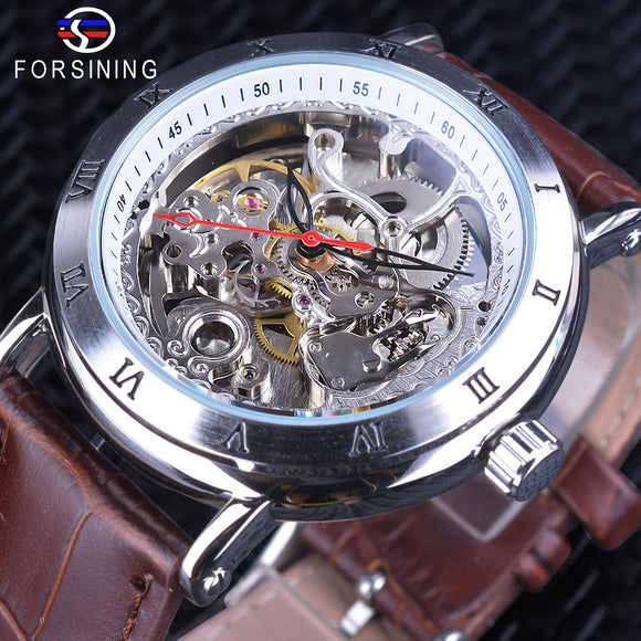 Forsining Mechanische Horloges Bruin Lederen mannen Horloges Waterdicht Relogio Masculino Silver Roestvrij Skeleton Klok