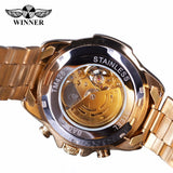 Winnaar Steampunk Fashion Hip Hop Ontwerp Golden Rvs Versnelling Beweging Mannen Skeleton Horloge Top Brand Luxe Automatische