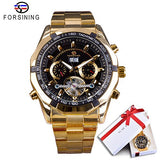 Forsining mannen Mechanische Horloge Top Merk Luxe Gouden Armband Horloge Kalender Display Zwarte Wijzerplaat Tourbillion Ontwerp