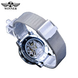 Winnaar Mens Zakelijke Horloges Zilver Rhinestone Crystal Romeinse Stalen Mesh Slim Strap Klok Mechanische Kant Wind Relogio Masculino