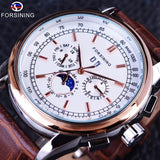 Forsining Maanfase Shanghai Beweging Rose Gold Case Bruin Lederen Band Heren Horloges Topmerk Luxe Auotmatic Horloge