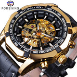 Forsining Golden Black Skeleton Klok Twee Knop Decoratie Mechanische Horloges voor Mannen Zwart Lederen Lichtgevende Handen