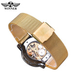 Winnaar Gouden Horloges Mannen Skelet Mechanische Horloge Crystal Mesh Slim Rvs Band Top Merk Luxe Hand Wind Horloge