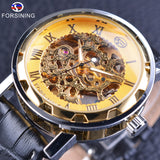 Forsining Retro Golden Skeleton Horloge Mechanische Horloge Automatische Self-wind Beweging Black Lederen Band