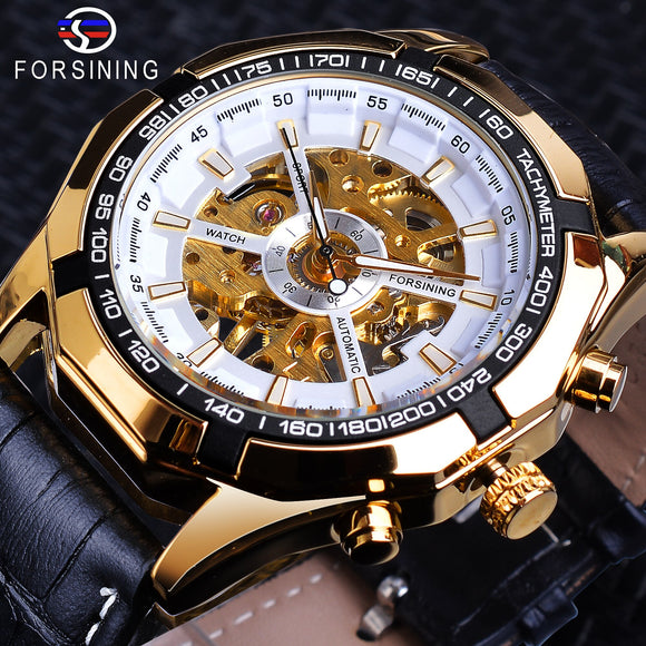 Forsining Luxe Automatic Mens Mechanische Horloge Skeleton Black Golden Retro Lichtgevende Handen Lederen Band Top Merk Man Horloges