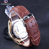 Forsining Transparante Luxe Gear Steampunk Bruin Lederen Riem Gouden Beweging Binnenkant Self Winding Automatische Polshorloge