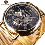 Forsining 2019 Gouden Romeinse Nummer Fashion Black Mesh Riem Skelet Klok Mannelijke Mechanische Horloges voor Mannen Top Merk Luxe